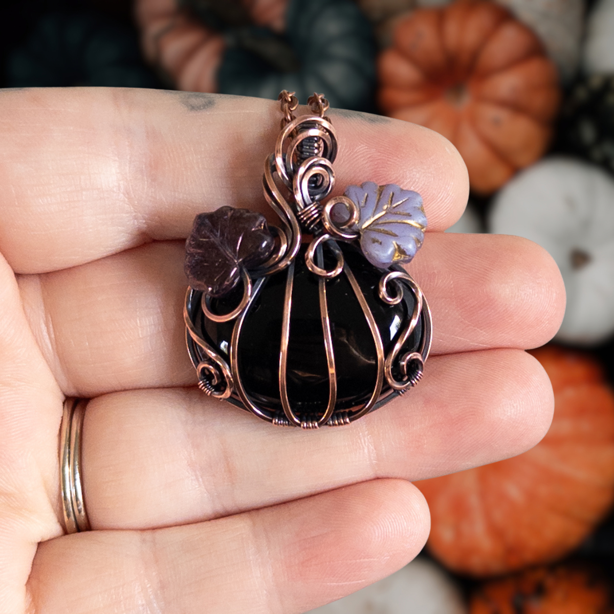 Black Onyx Pumpkin Pendant With Purple Czech Glass Leaves - Antiqued Copper