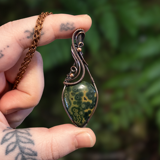 Green & Yellow Ocean Jasper Copper Wrapped Pendant