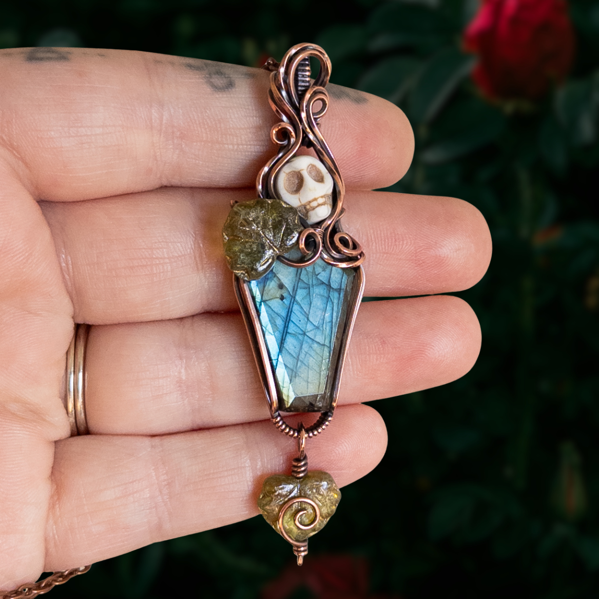 Labradorite Coffin & Skull Antiqued Copper Pendant With Czech Glass Leaves