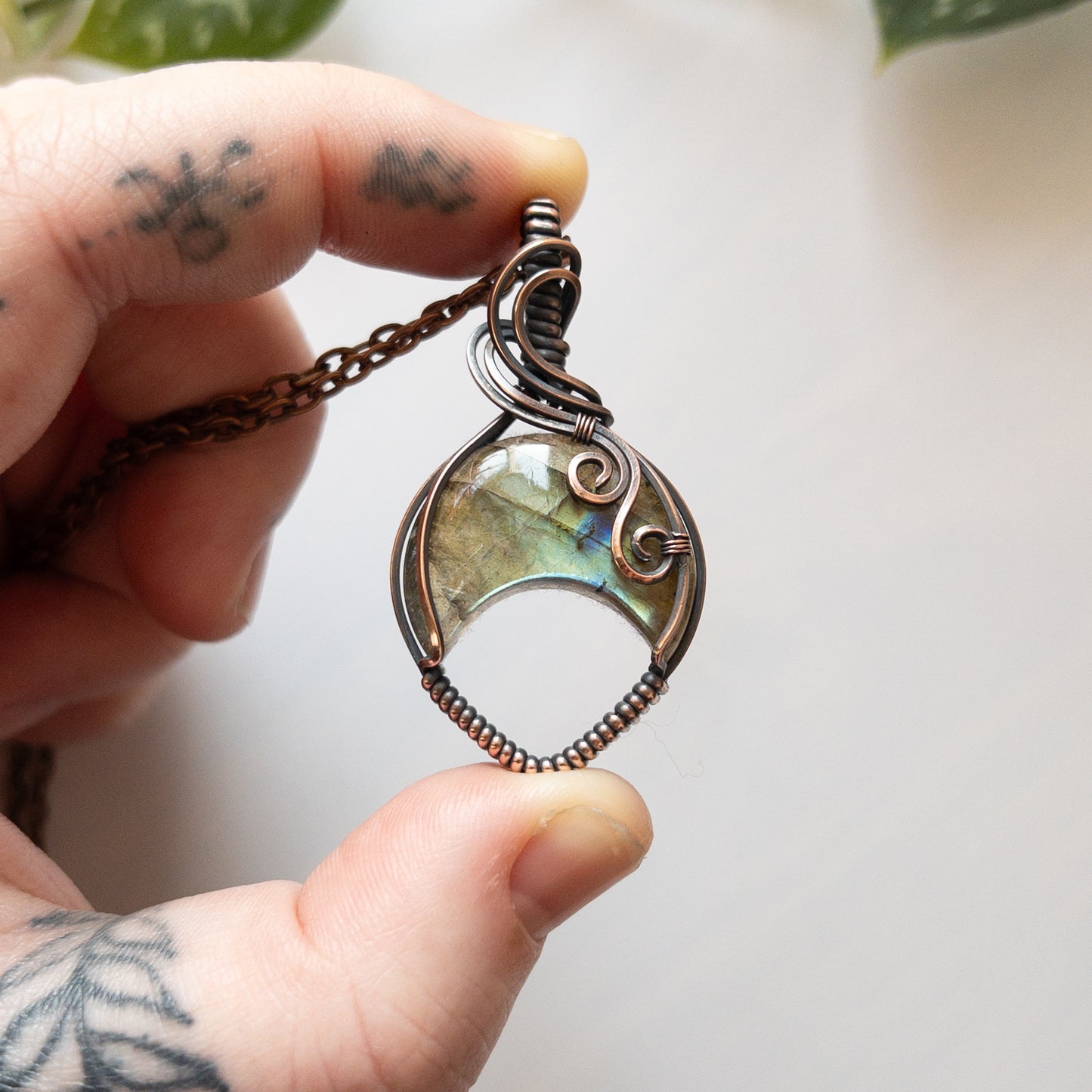 Labradorite Moon & Copper Wrapped Pendant