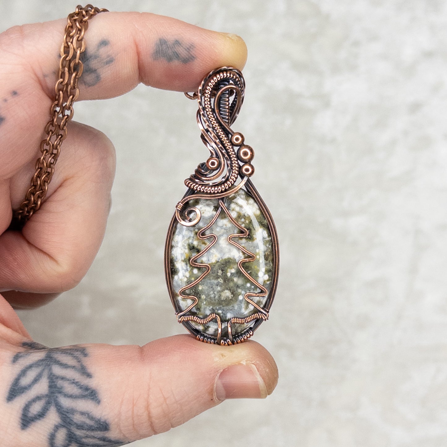 Ocean Jasper Pine Tree Antiqued Copper Pendant