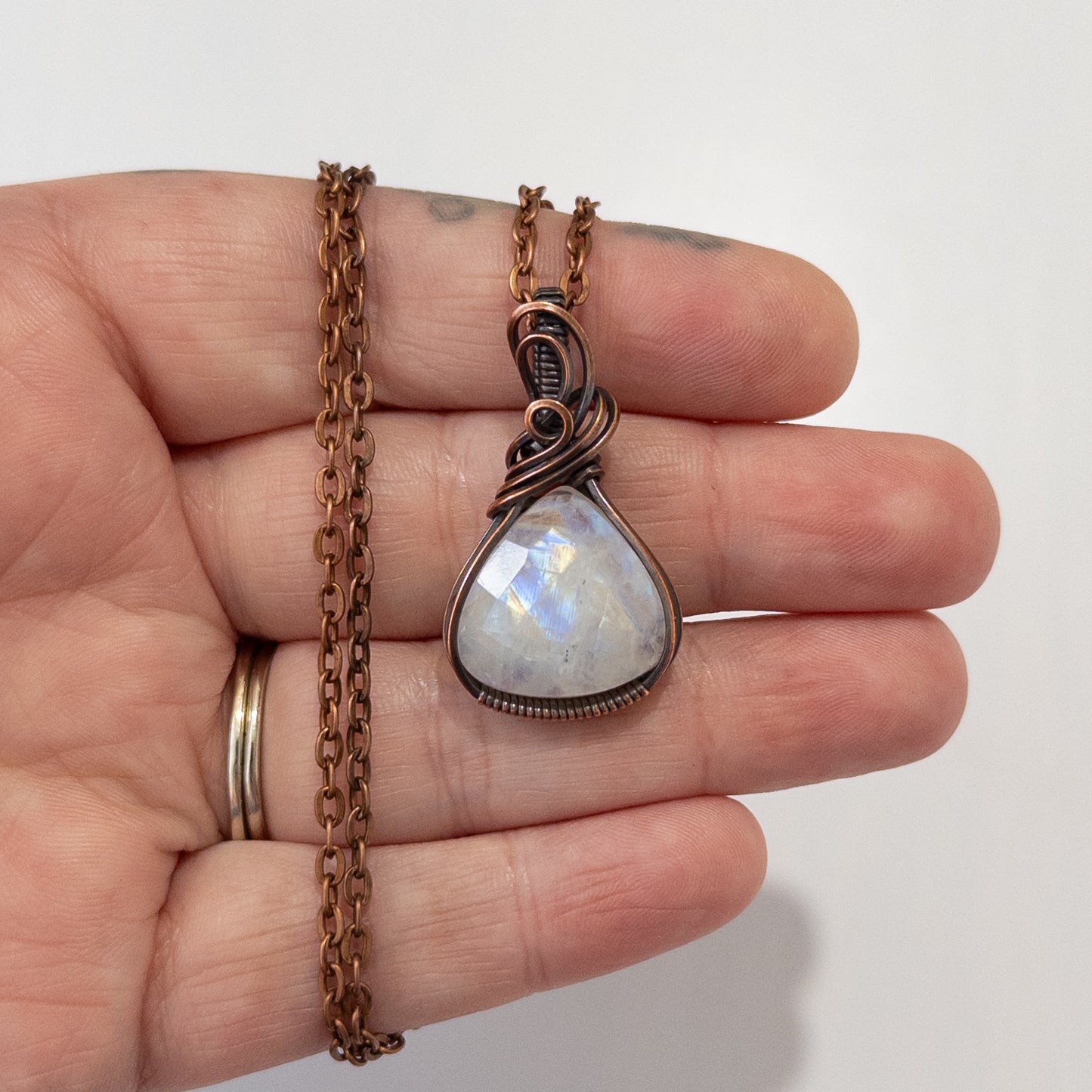 Rose Cut Rainbow Moonstone Copper Wrapped Pendant