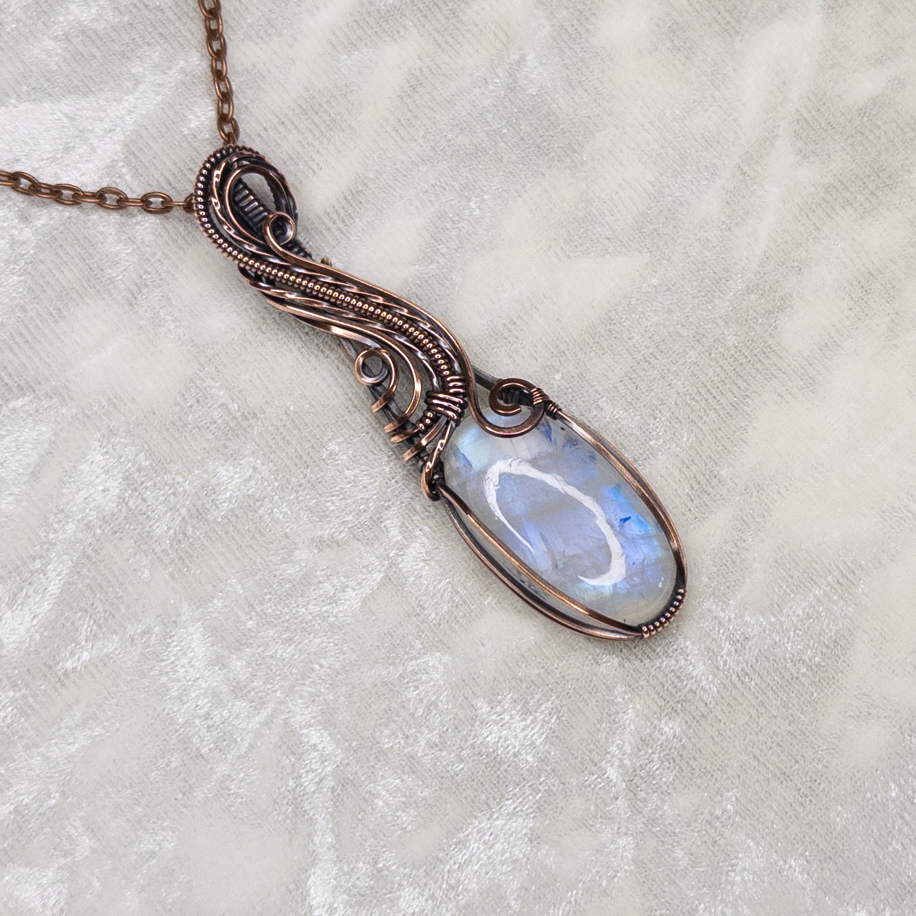 Blue Flash Moonstone Antiqued Copper Pendant