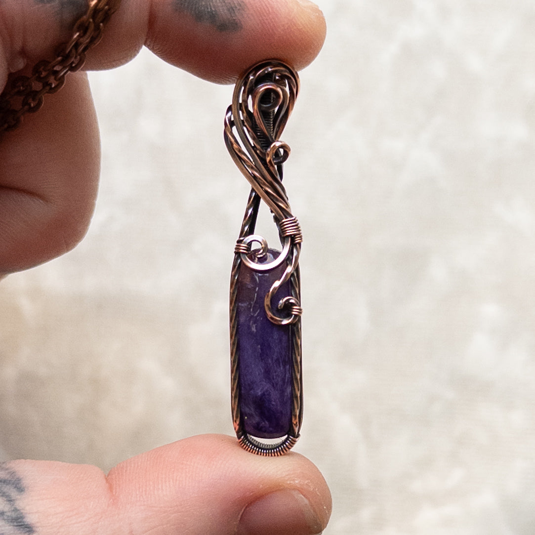 Dainty Charoite Antiqued Copper Pendant