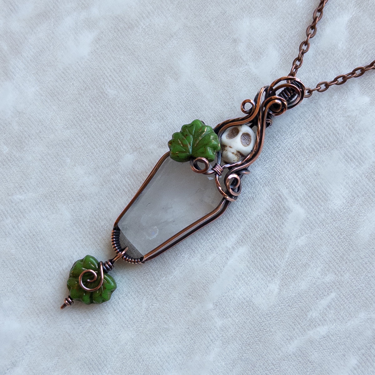 Quartz Coffin & Skull Antiqued Copper Pendant With Czech Glass Leaves