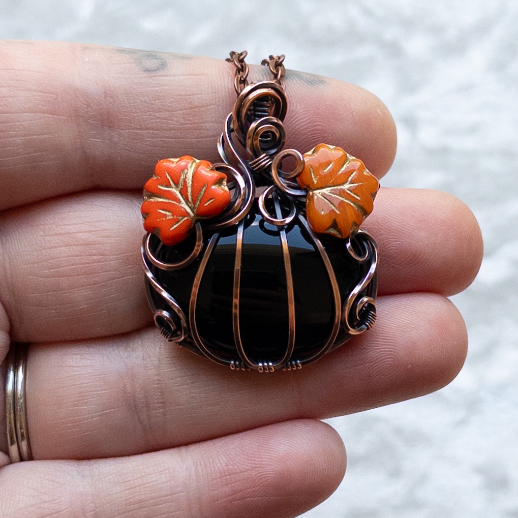 Black Onyx Pumpkin Pendant With Orange Czech Glass Leaves - Antiqued Copper