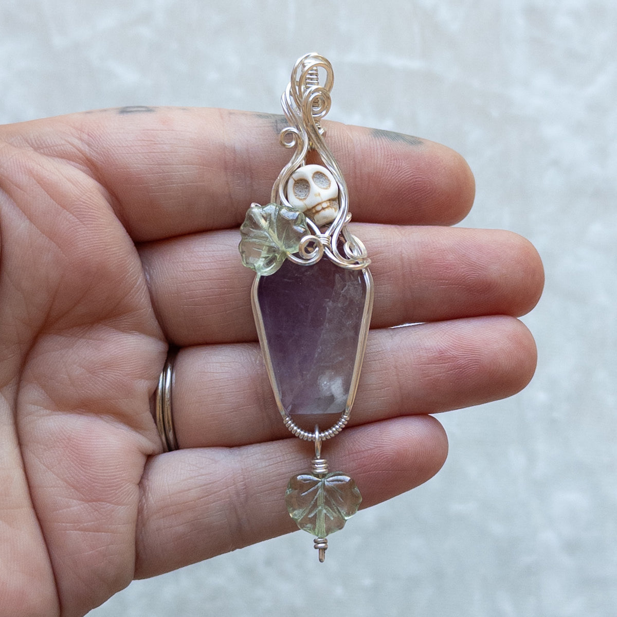 Pastel Amethyst Coffin & Skull Sterling Silver Pendant With Dangling Czech Glass Leaf