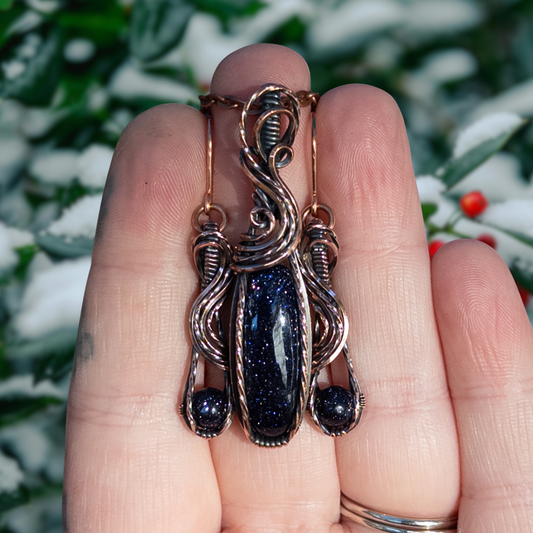 Blue Goldstone Antiqued Copper Pendant & Earrings Set