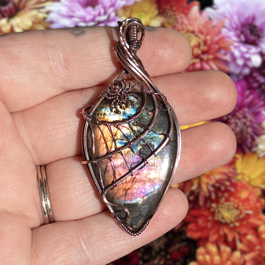 Labradorite Spider & Web Antiqued Copper Pendant