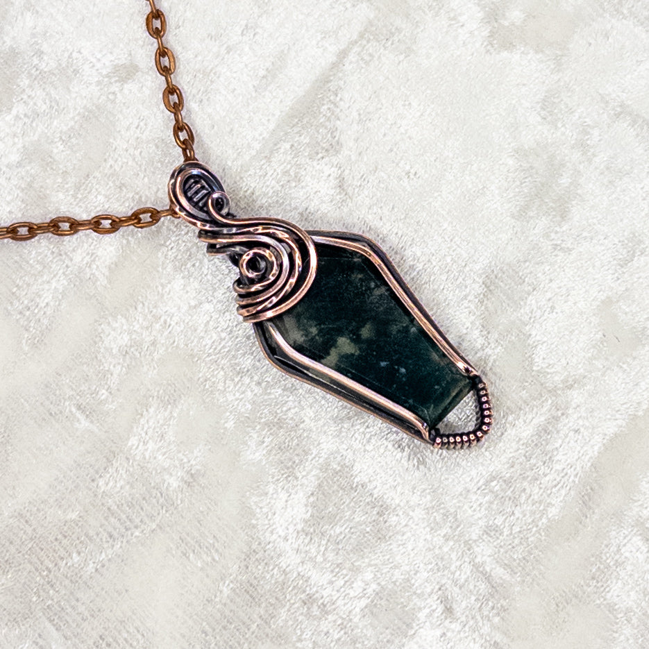 Moss Agate Coffin Antiqued Copper Pendant