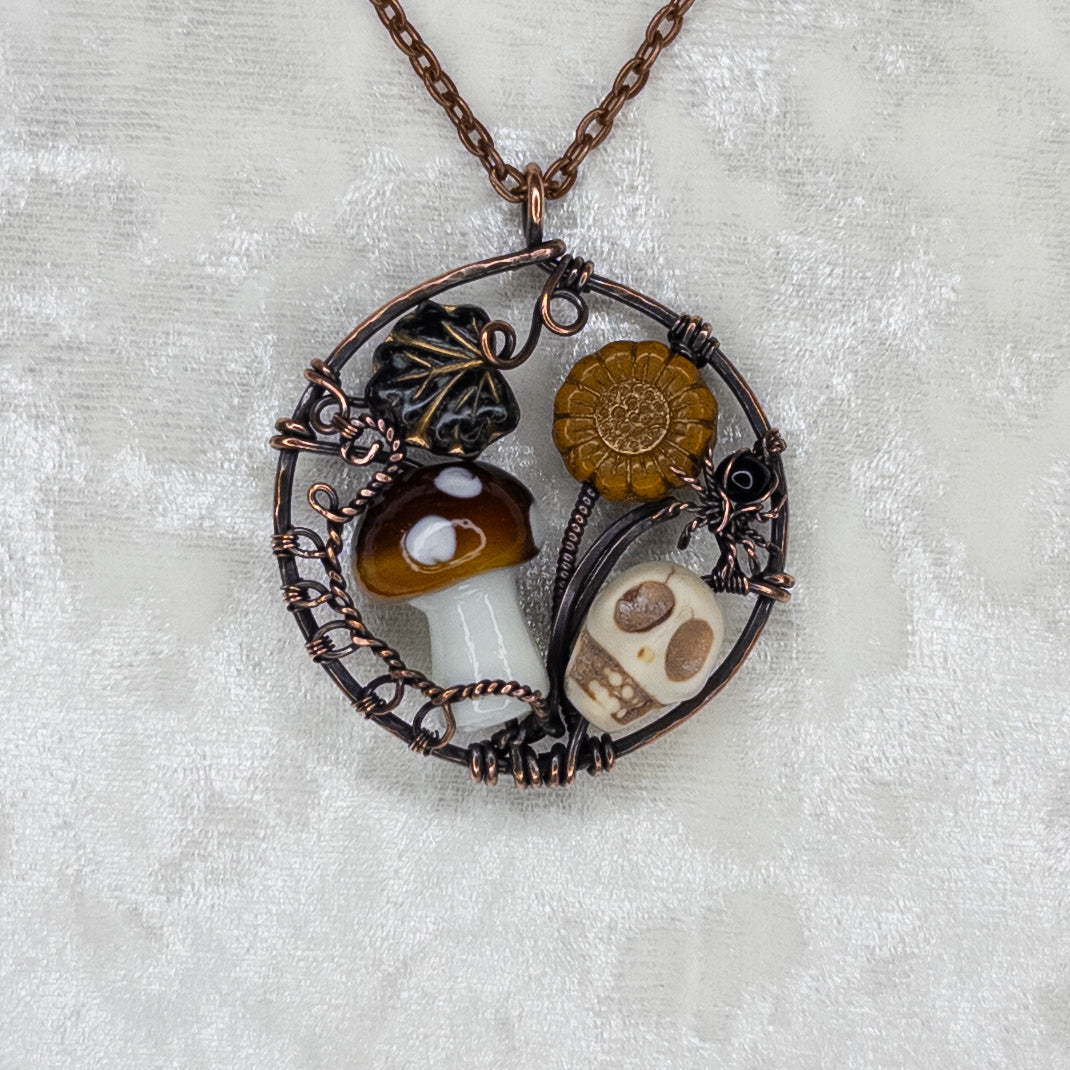 “Autumn Rest” Antiqued Copper Pendant With Czech Glass Botanical Beads, Lampwork Mushroom Bead, Stone Skull Bead, And Tiny Glass & Wire Spider