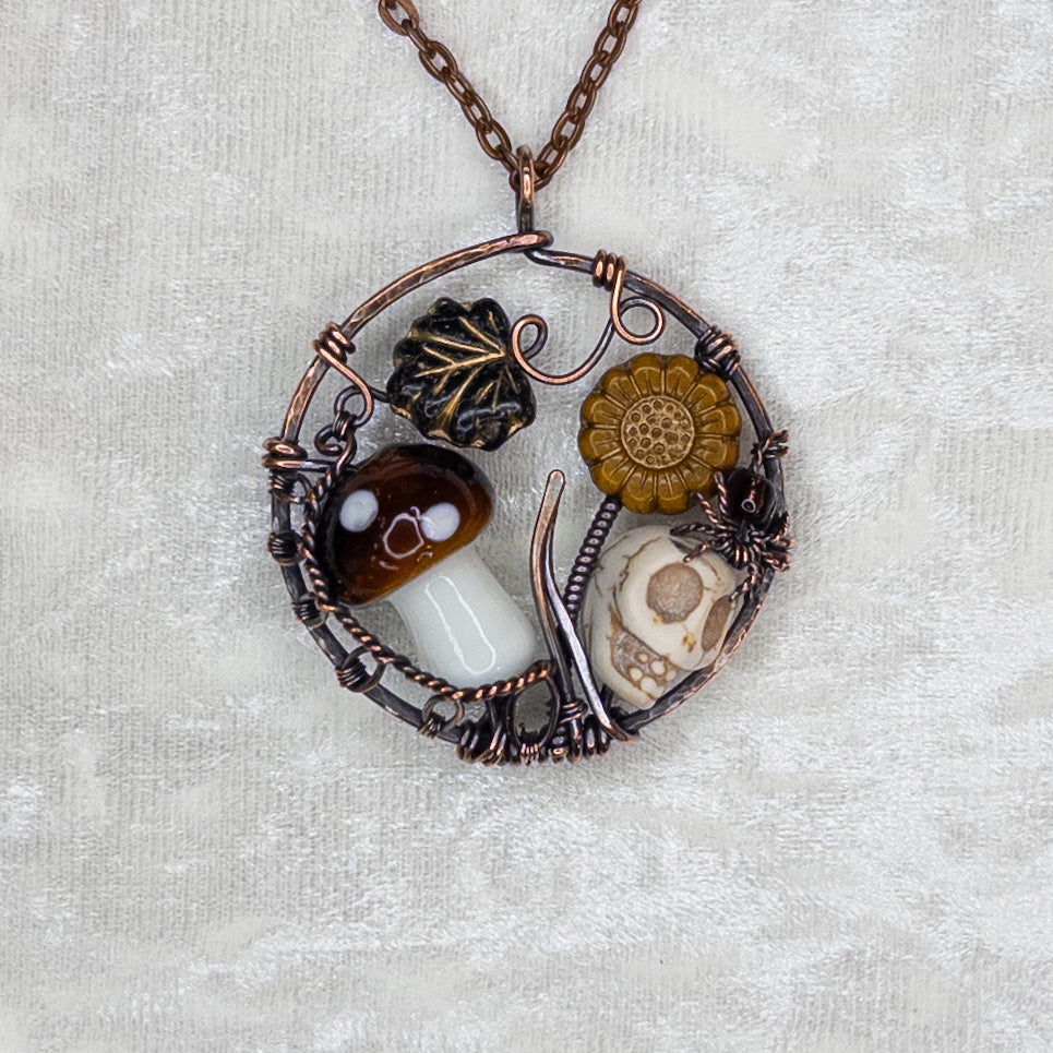 “Autumn Rest” Antiqued Copper Pendant With Czech Glass Botanical Beads, Lampwork Mushroom Bead, Stone Skull Bead, And Tiny Glass & Wire Spider