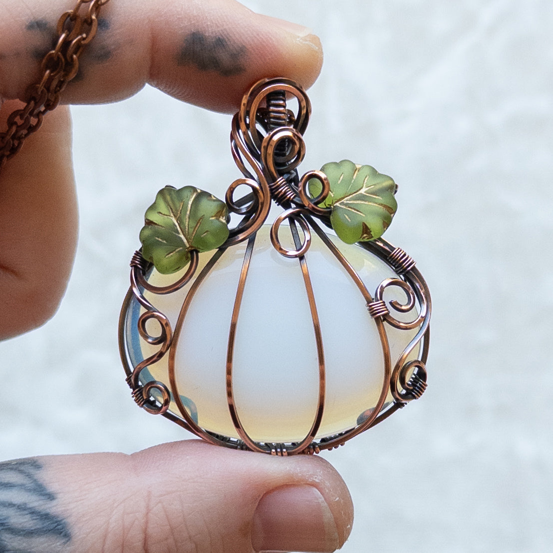 Opalite Glass Antiqued Copper Pumpkin Pendant With Czech Glass Leaves