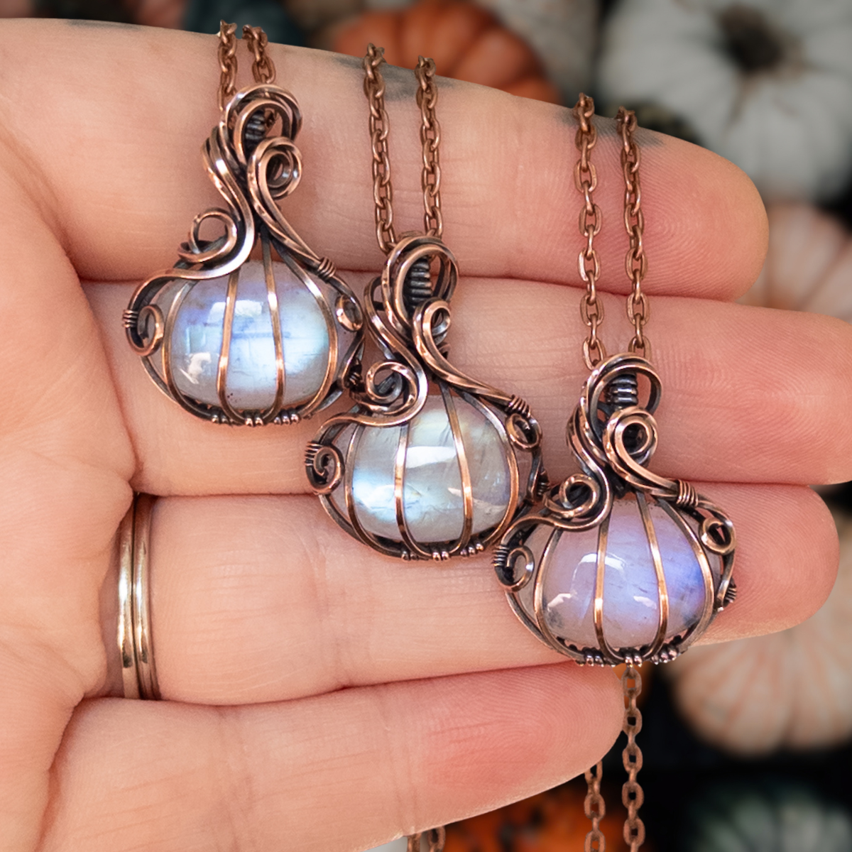 Mini Moonstone Antiqued Copper Pumpkin Pendant