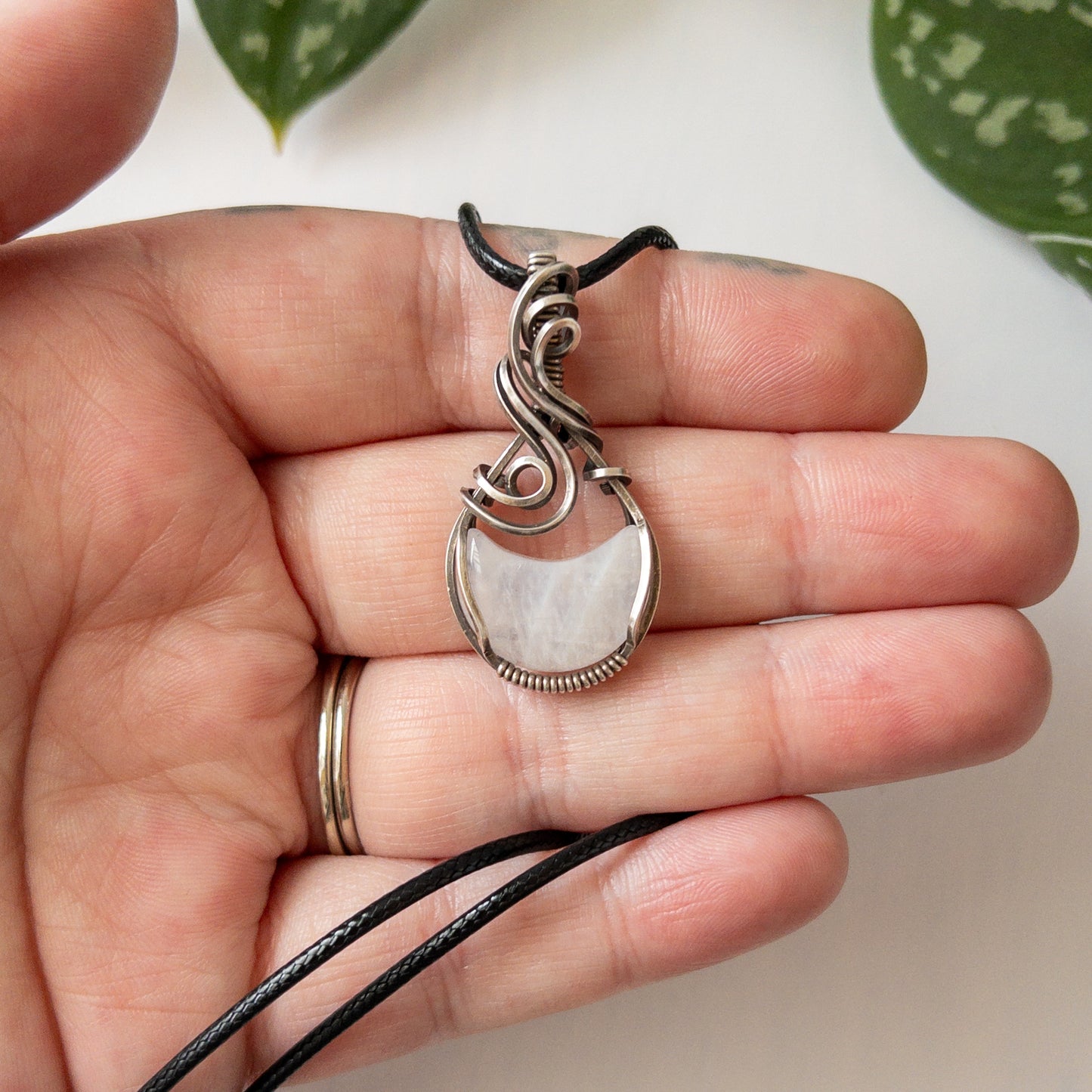 Moonstone Moon & Sterling Silver Wrapped Pendant - A