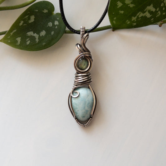 Larimar with Labradorite & Sterling Silver Wrapped Pendant