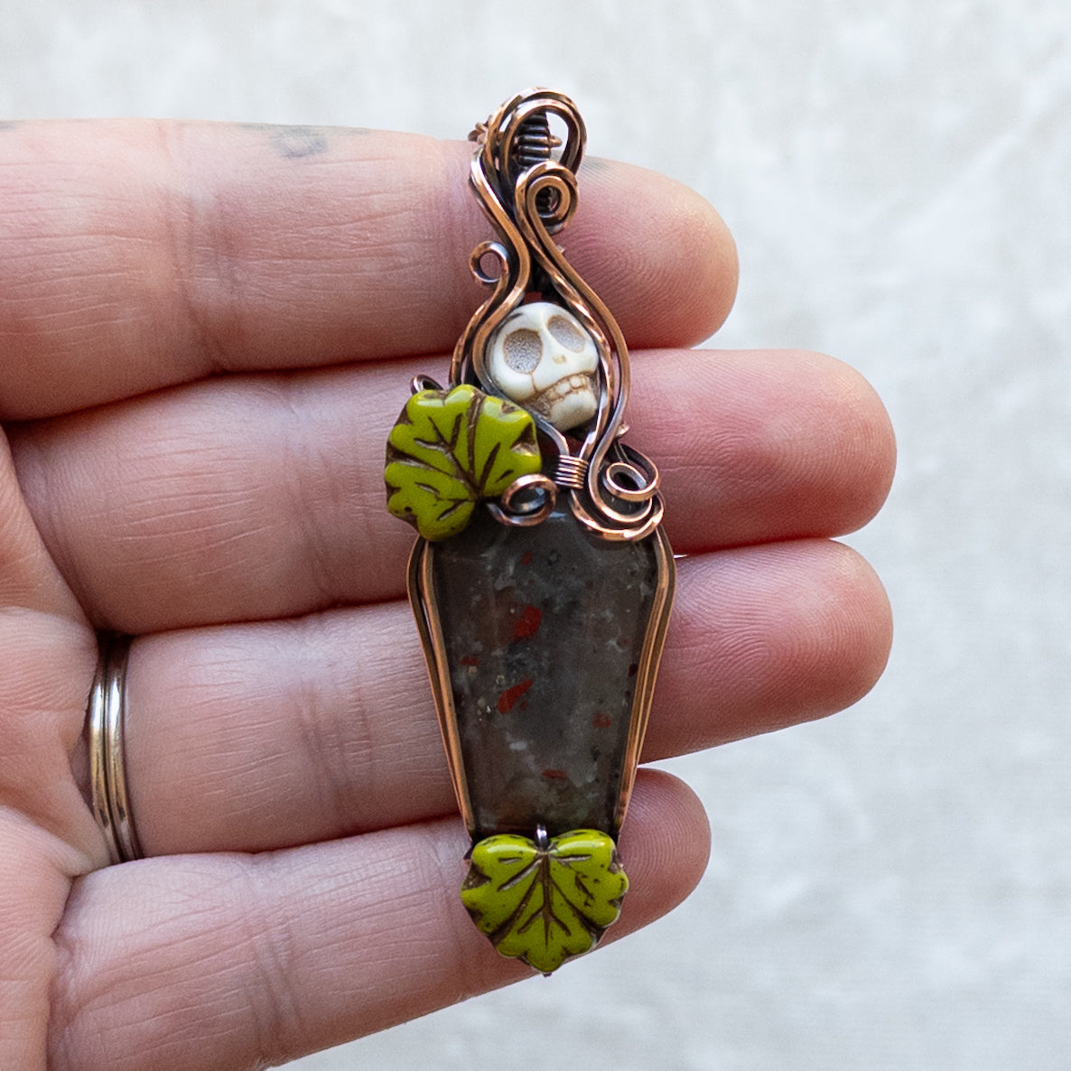 African Bloodstone Coffin & Skull Antiqued Copper Pendant With Czech Glass Leaves