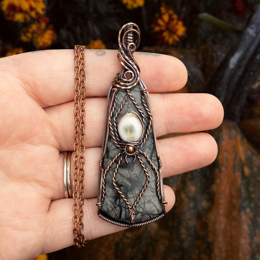 Picasso Jasper & Ocean Jasper Spider Antiqued Copper Pendant