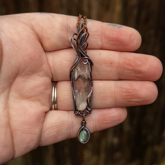 Sunset Phantom Quartz & Dangling Labradorite Copper Wrapped Pendant