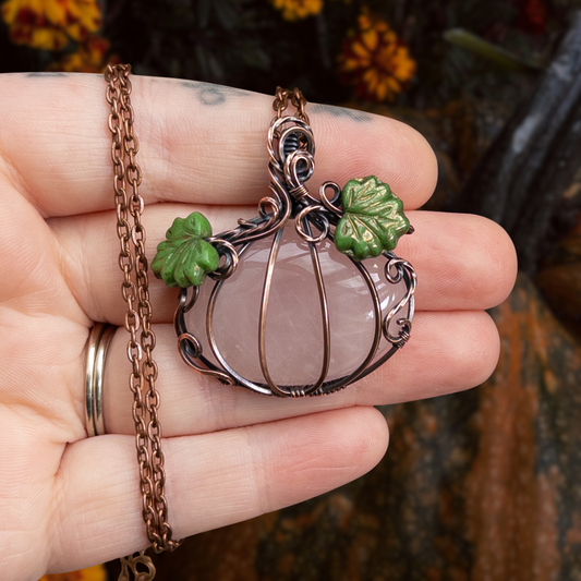 Large Rose Quartz Antiqued Copper Pumpkin Pendant With Czech Glass Leaves