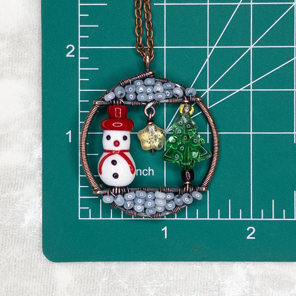 Extra Special Imperfect Winter Scene Copper Wrapped Pendant Featuring Festive Glass Beads