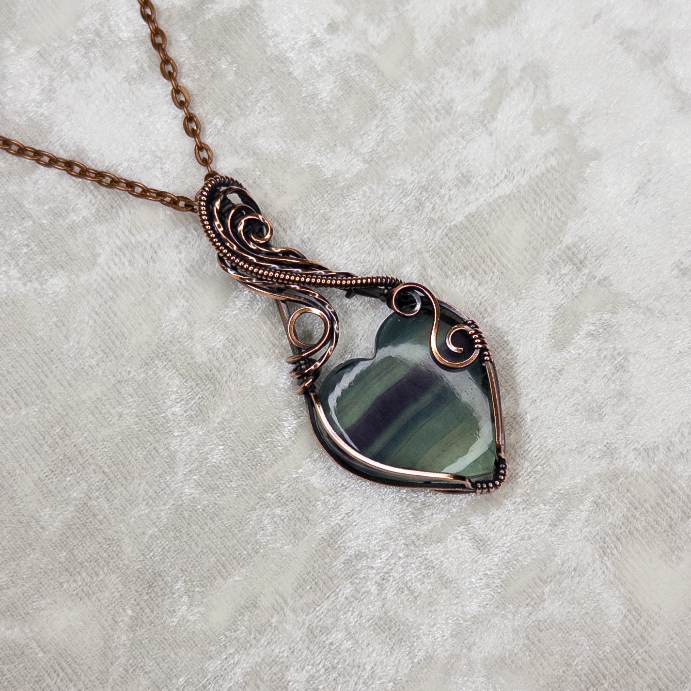 Banded Fluorite Heart Antiqued Copper Pendant