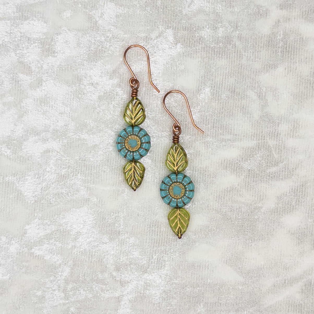 Czech Glass Flower & Leaf Copper Earrings