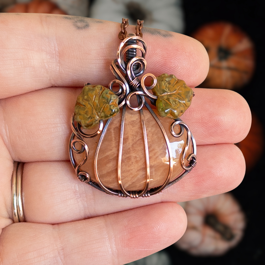 Peach Amazonite Antiqued Copper Pumpkin Pendant With Czech Glass Leaves