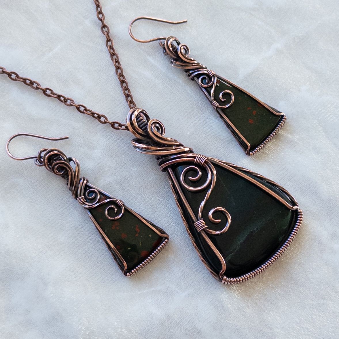 Bloodstone Jasper Antiqued Copper Pendant & Earring Set
