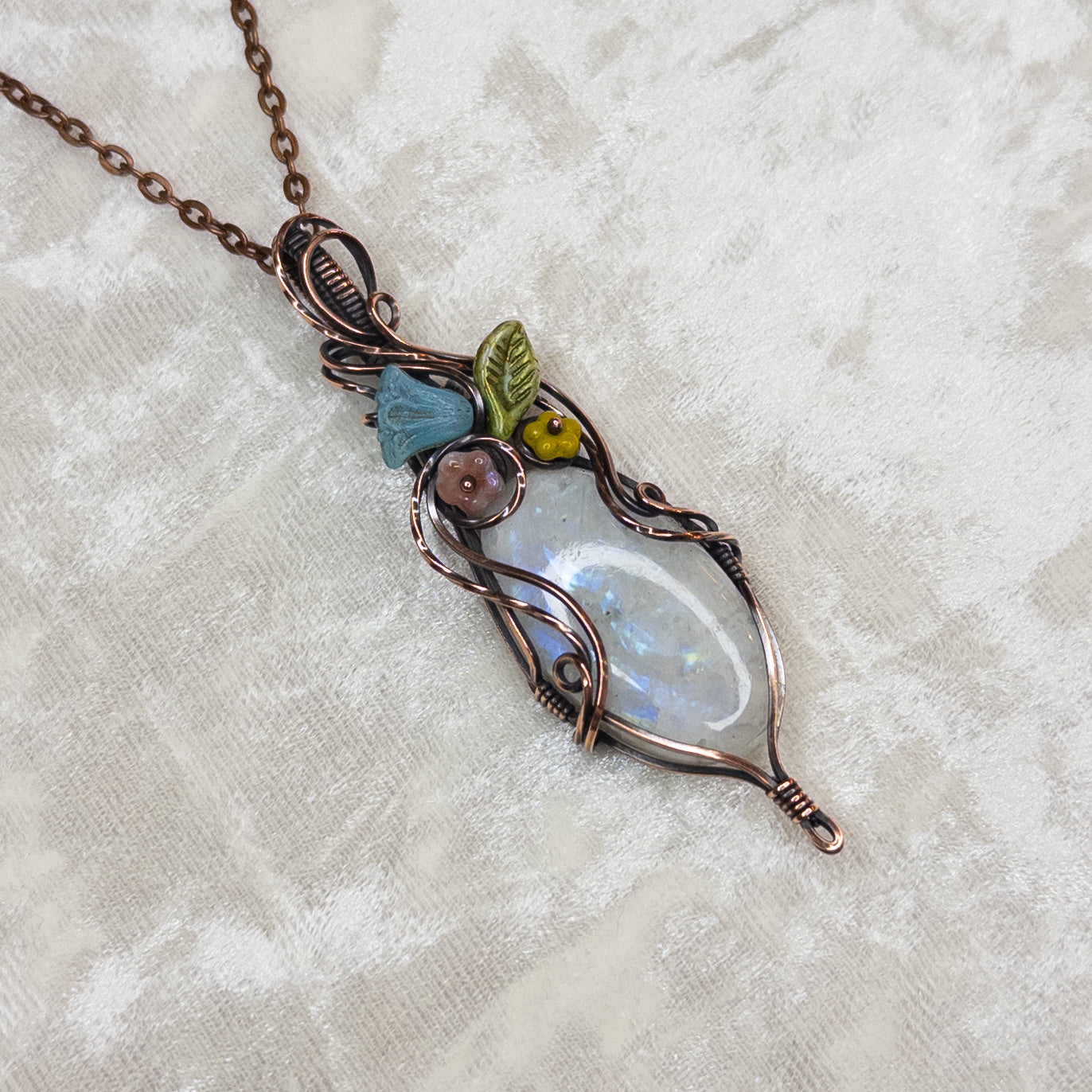 Moonstone & Czech Glass Antiqued Copper “Bouquet” Pendant