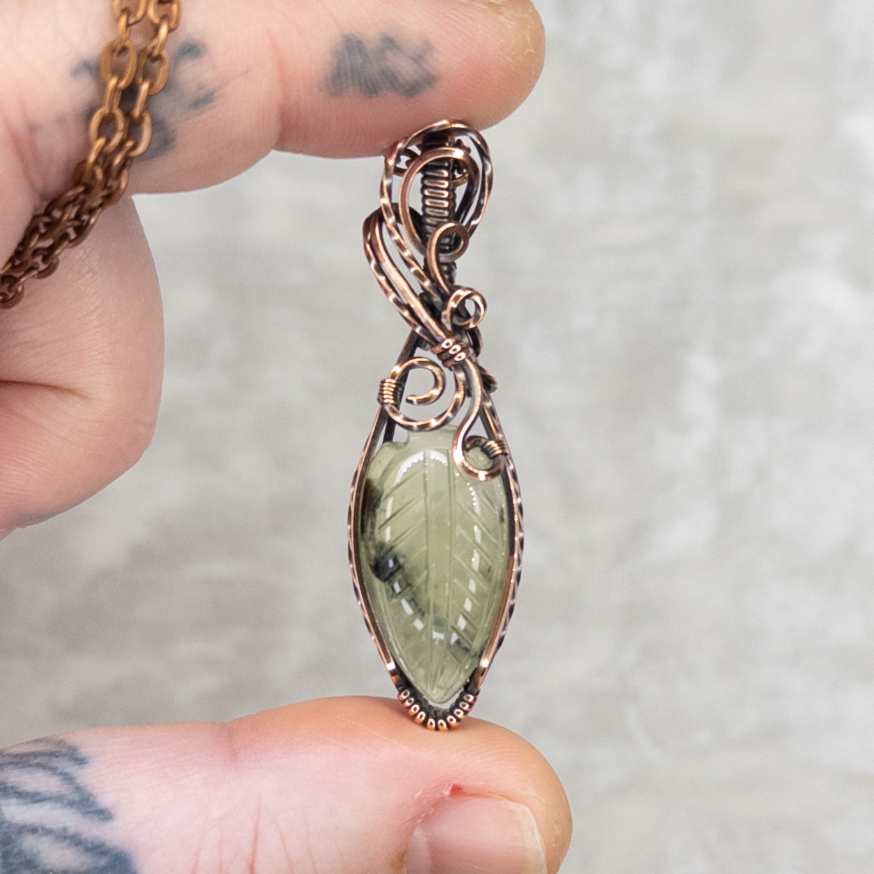 Carved Prehnite Leaf Antiqued Copper Pendant