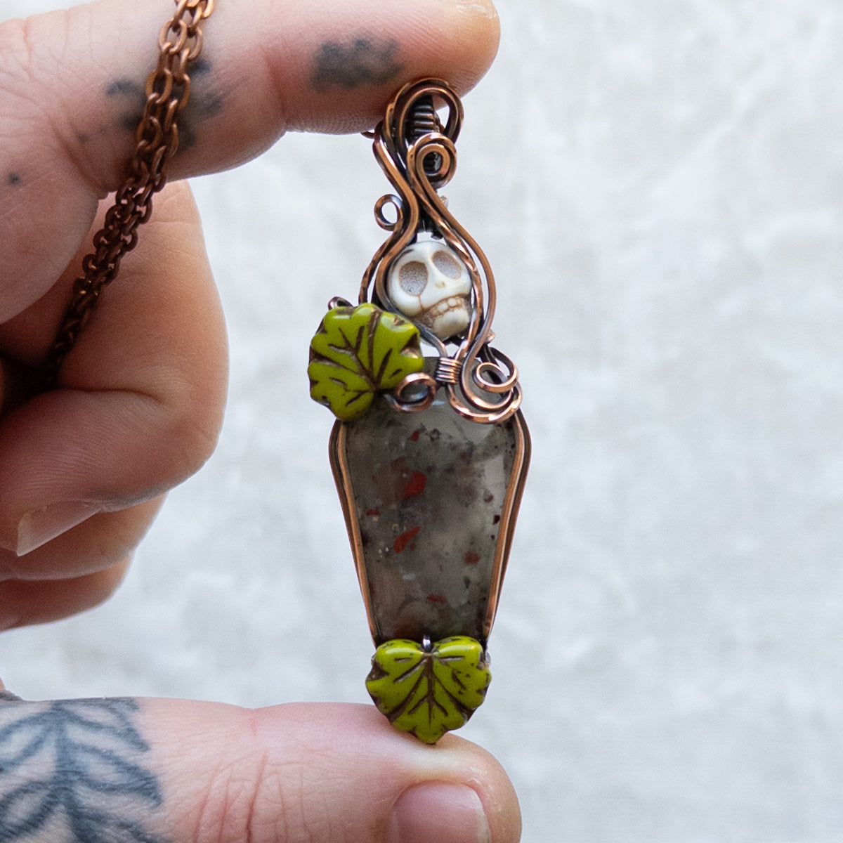African Bloodstone Coffin & Skull Antiqued Copper Pendant With Czech Glass Leaves