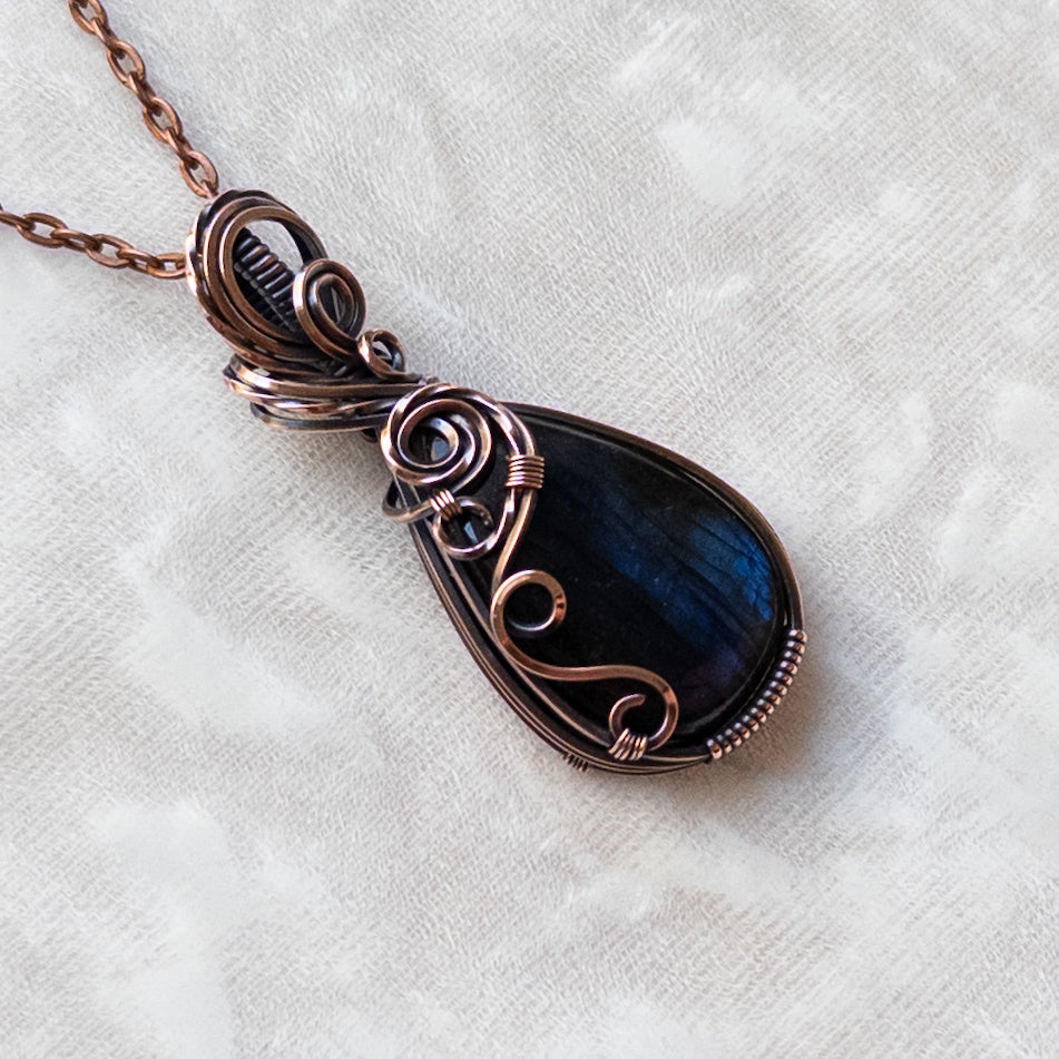 Dark Blue Labradorite Antiqued Copper Pendant