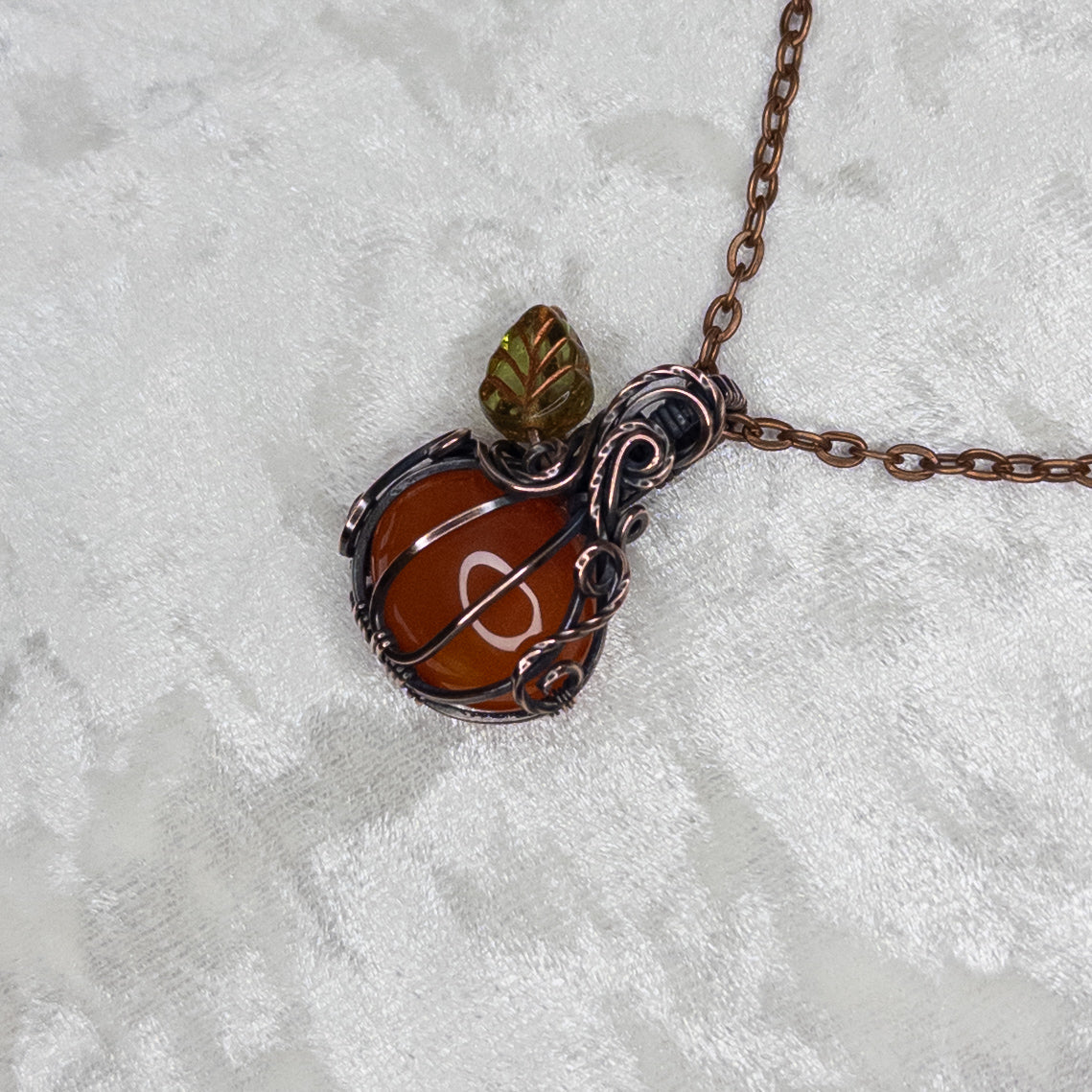 Orange Carnelian Antiqued Copper Pumpkin Pendant With Czech Glass Leaf
