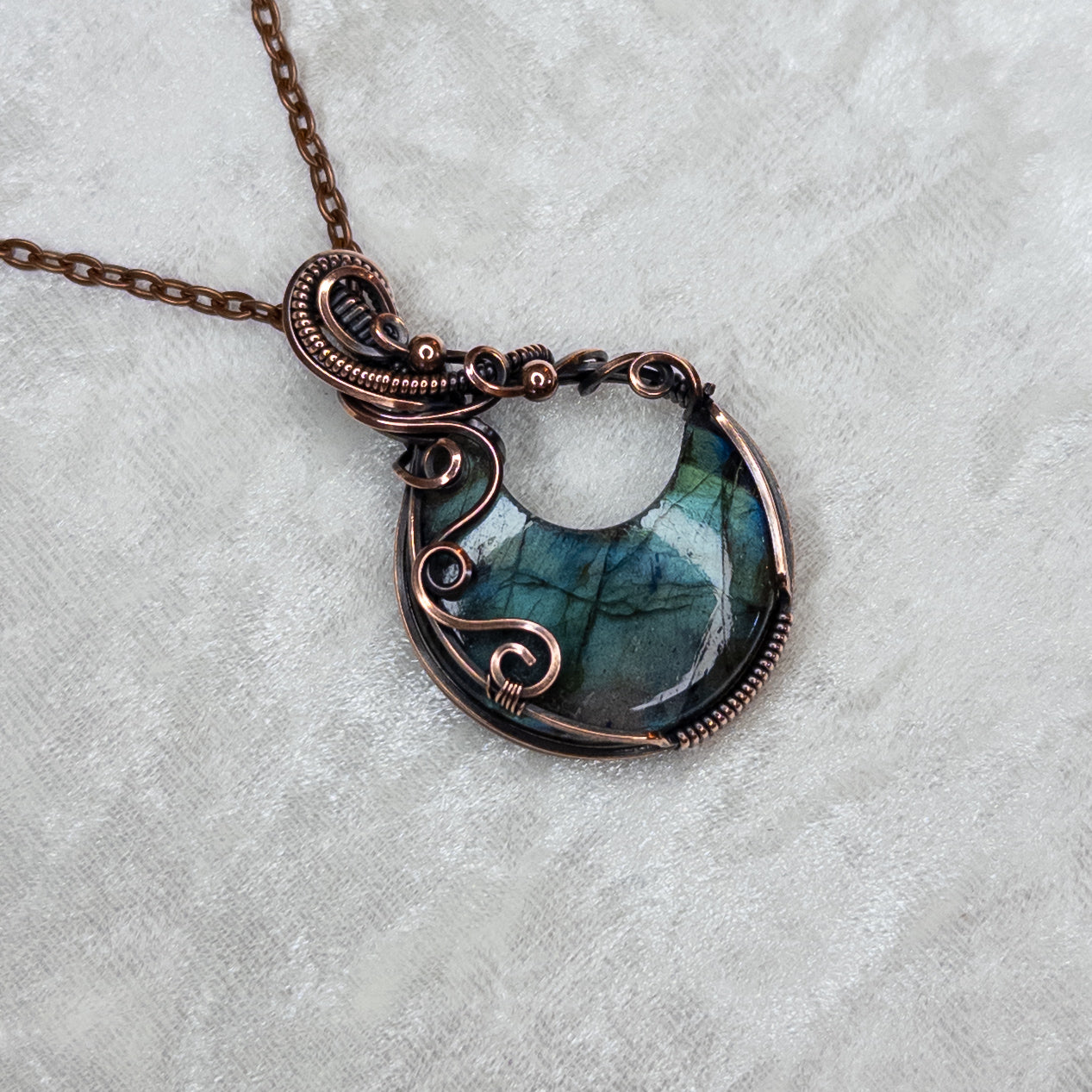 Teal Labradorite Moon Antiqued Copper Pendant