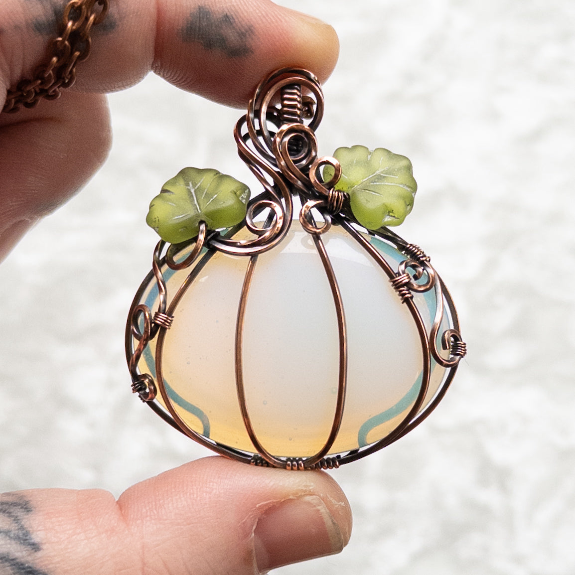 Opalite Glass Pumpkin Antiqued Copper Pendant With Czech Glass Leaves