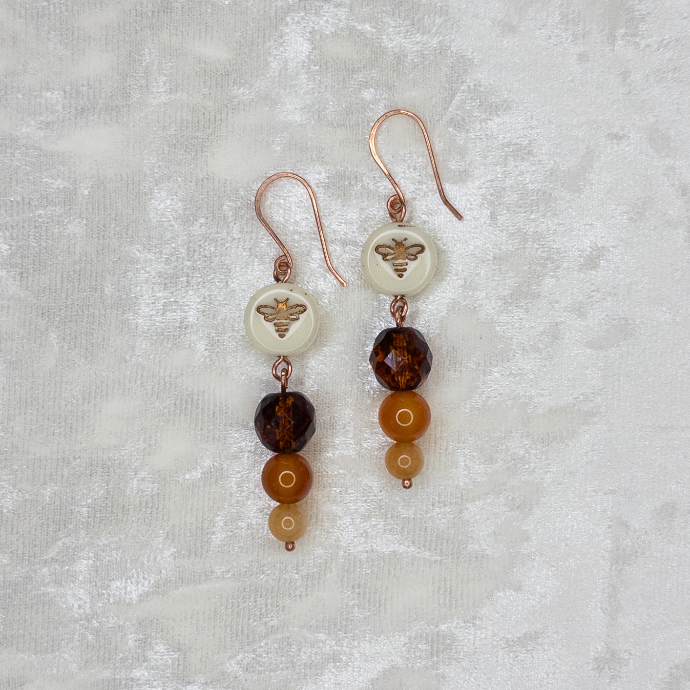 Honey Bee Earrings - Czech glass, carnelian, & orange aventurine beads