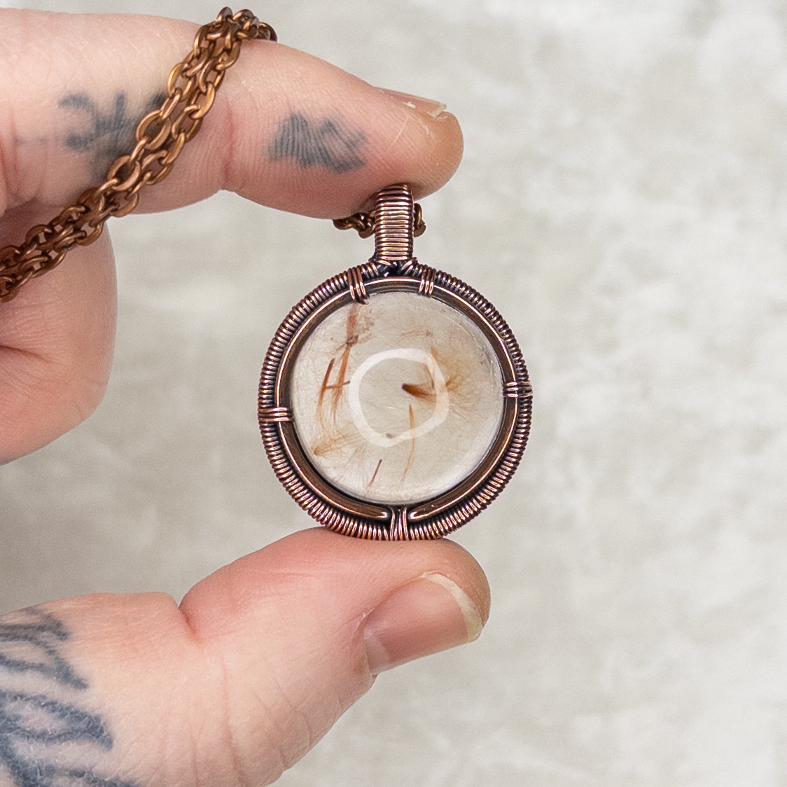 Gold Rutilated Quartz Antiqued Copper Medallion Pendant