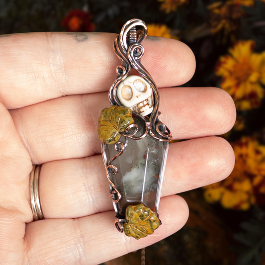 African Bloodstone Coffin & Skull Antiqued Copper Pendant With Czech Glass Leaves