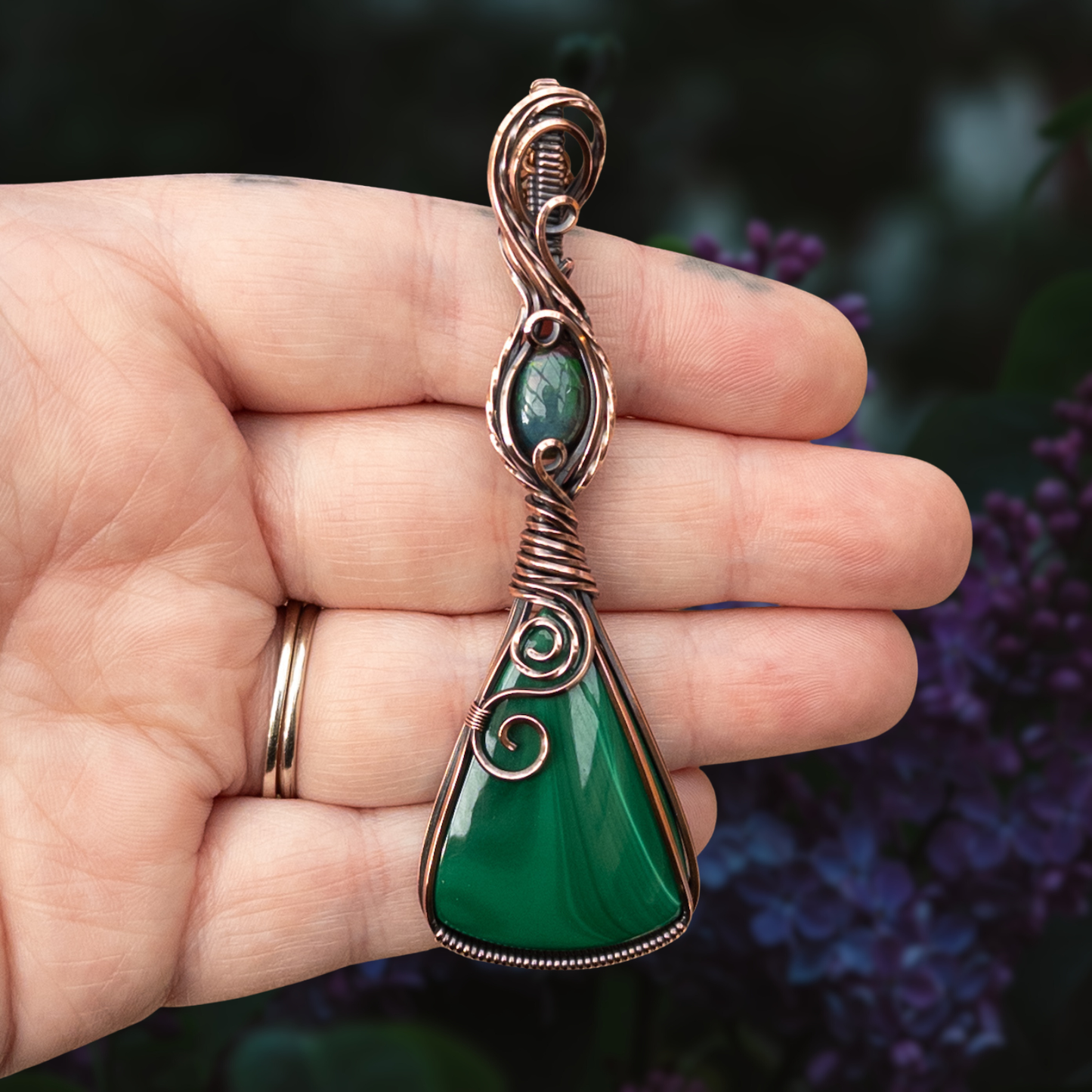 Malachite & Smoked Opal Antiqued Copper Pendant
