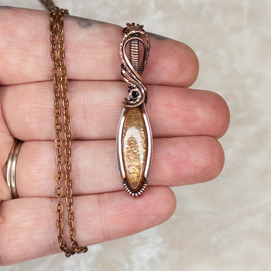 Dainty Sunstone Antiqued Copper Pendant