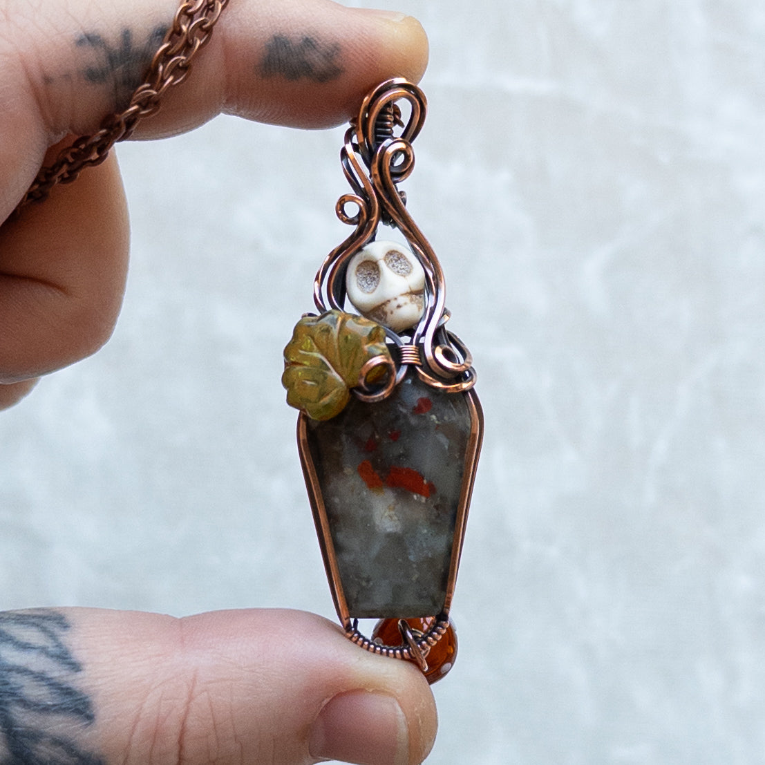 African Bloodstone Coffin Antiqued Copper Pendant With Skull, Leaf, & Dangling Glass Mushroom
