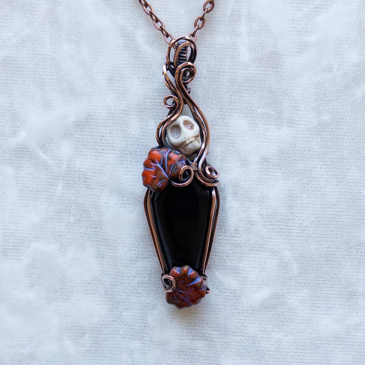 Obsidian Coffin & Skull Antiqued Copper Pendant With Czech Glass Leaves