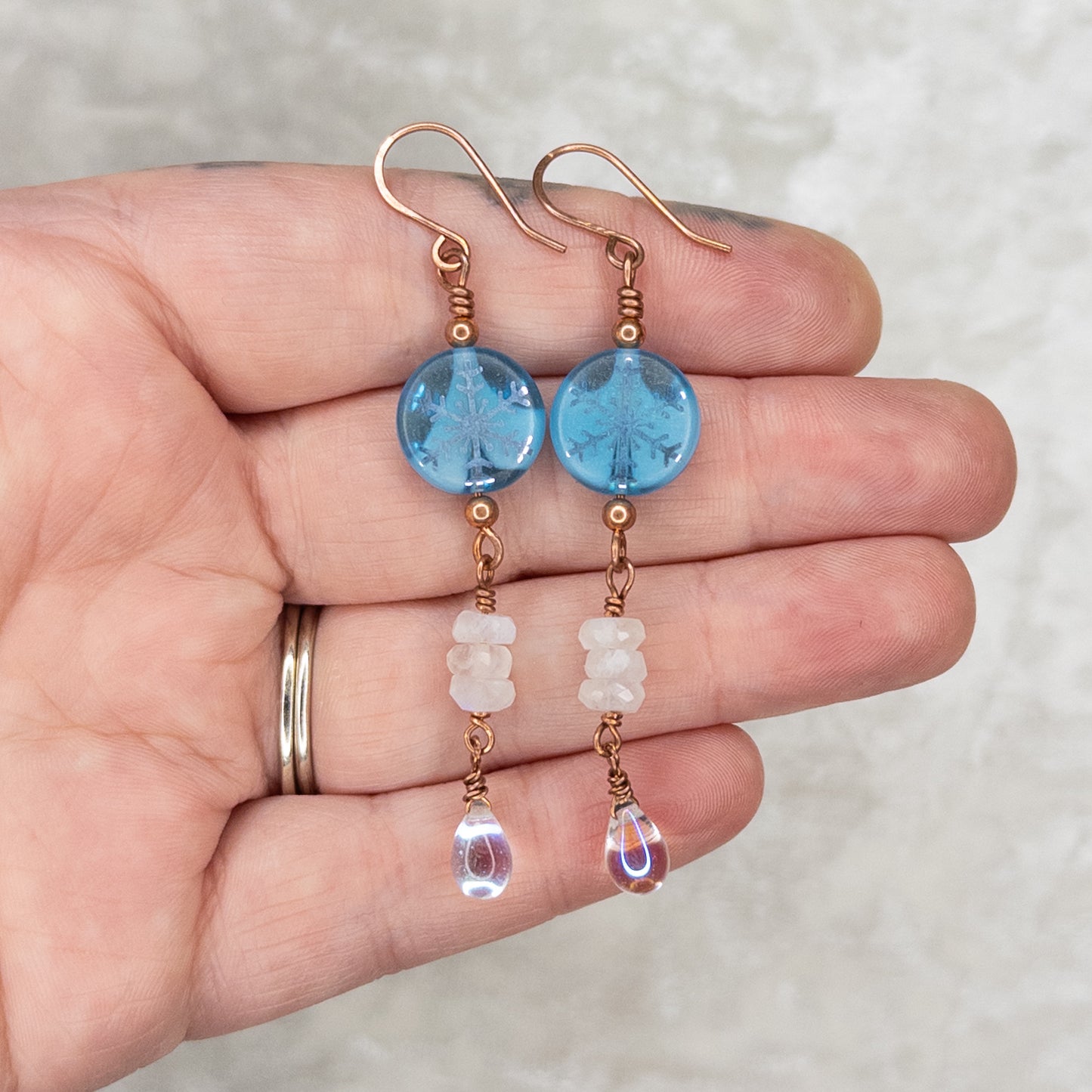 Snowflake, Moonstone, & Droplet Dangle Earrings
