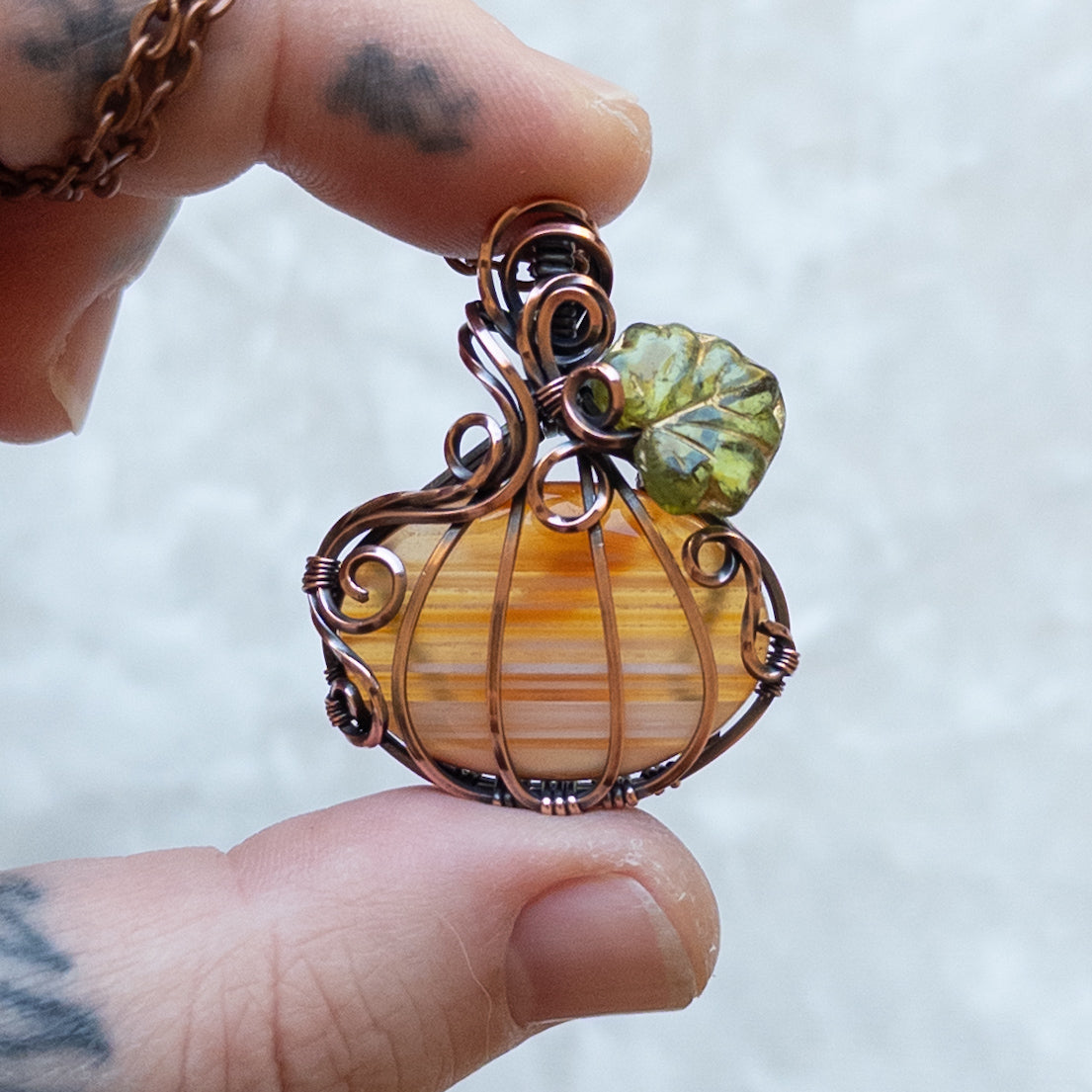 “Candy Corn” Banded Agate Antiqued Copper Pumpkin Pendant With Czech Glass Leaf