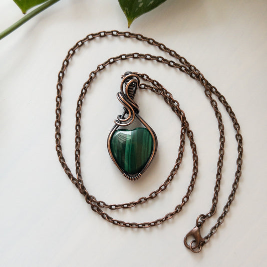 Malachite Heart & Copper Wrapped Pendant