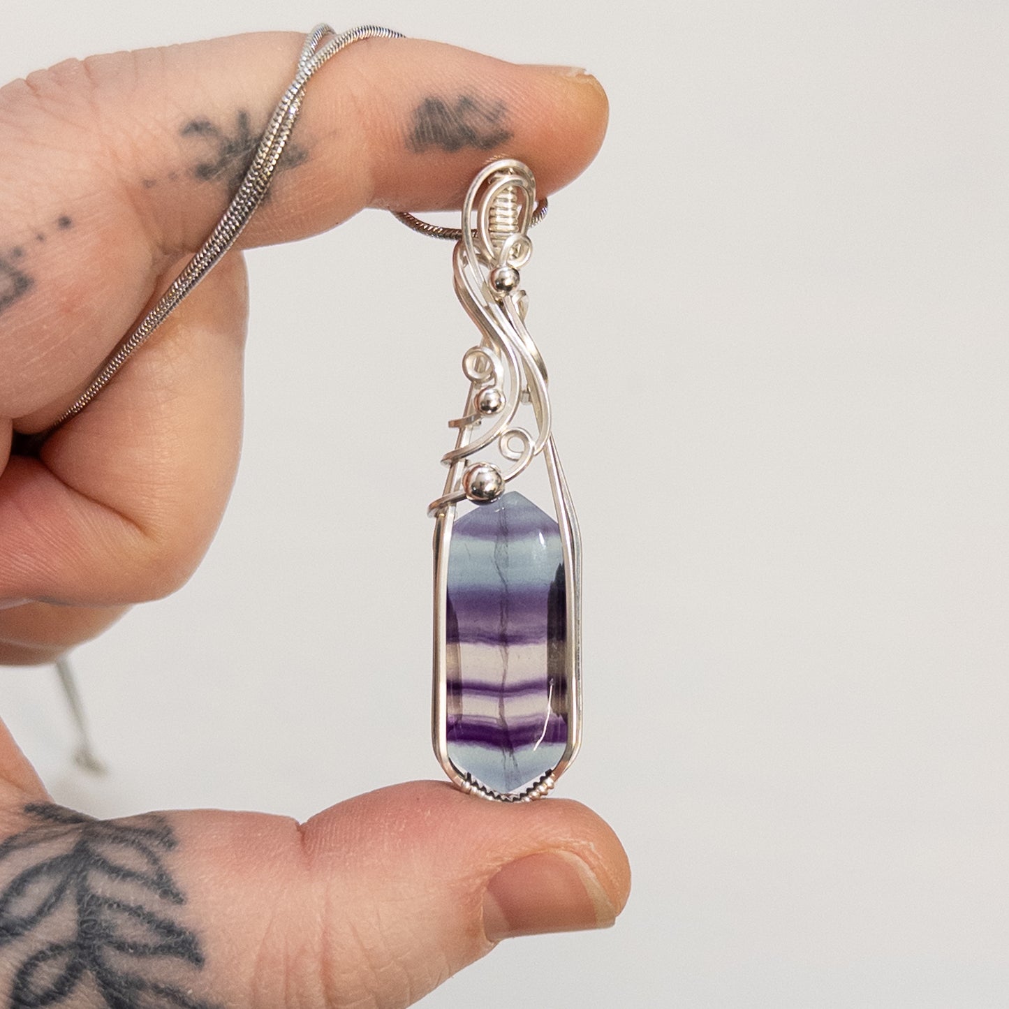 Purple & Blue Banded Fluorite Sterling Silver Wrapped Pendant