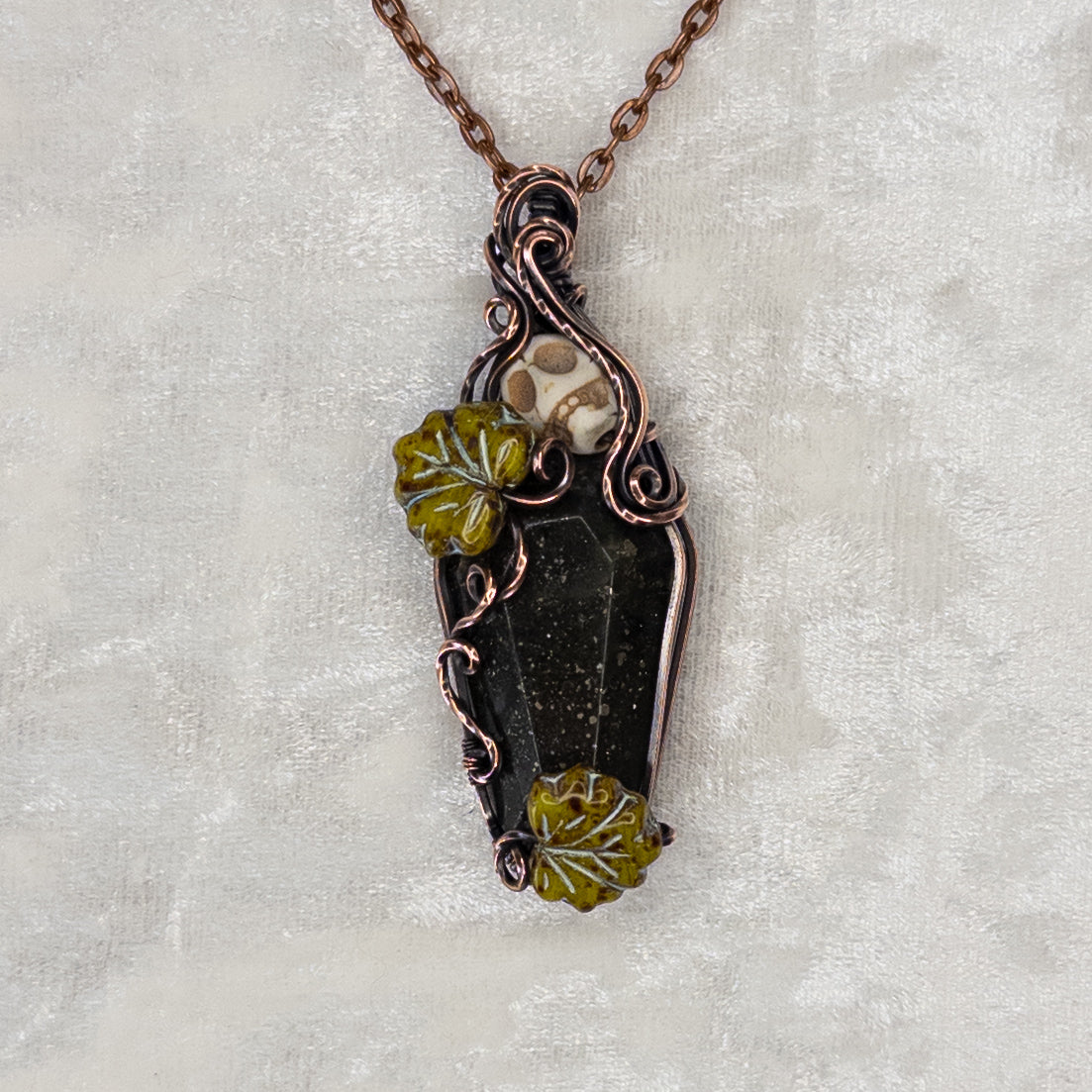 African Bloodstone With Pyrite  Coffin & Skull Antiqued Copper Pendant with Czech Glass Leaves