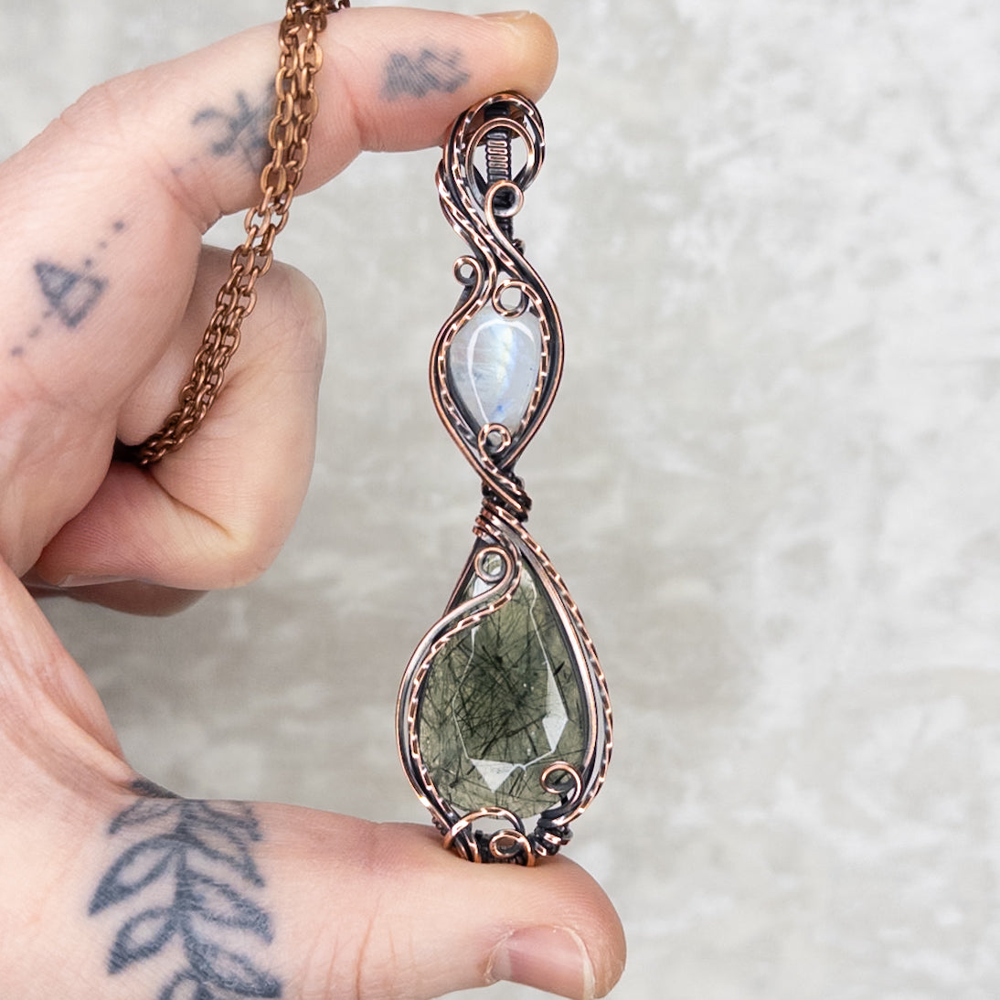 Rose-Cut Prehnite & Rainbow Moonstone Antiqued Copper Pendant