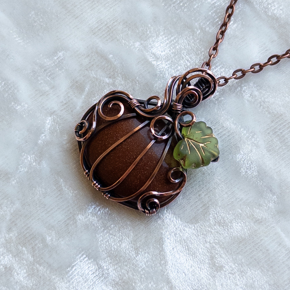 Orange Goldstone Pumpkin Pendant With Czech Glass Leaf - Antiqued Copper